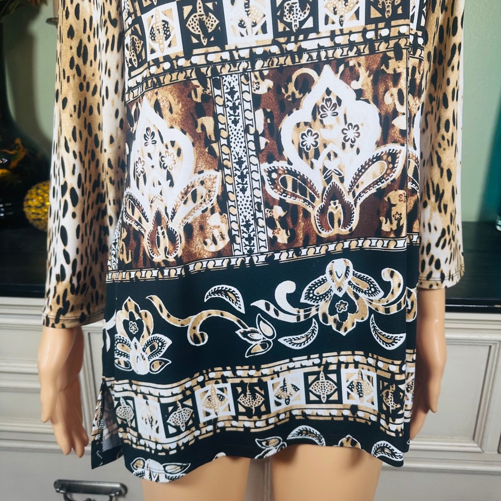 JM Collection Tunic Top Boho Maximalist Leopard Animal Print 3/4 Sleeve - Picture 3 of 7